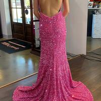 PSY853,Plunging V-Neck Halter Sequined Long Party Prom Dress - Thumbnail 1