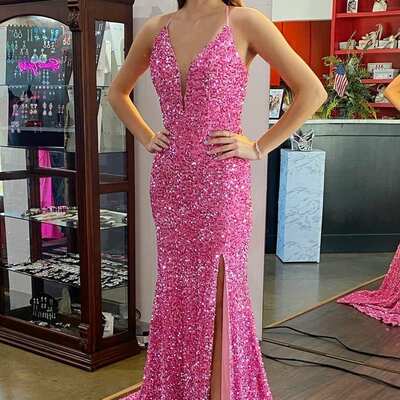 Psy853,plunging v-neck halter sequined long party prom dress