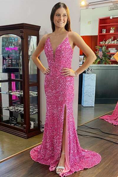 PSY853,Plunging V-Neck Halter Sequined Long Party Prom Dress