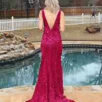 PSY854,Fuchsia Deep V-Neck Sequin Long Prom Dress - Thumbnail 1