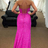PSY857,Hot Pink Strapless Corset Back Long Evening Prom Dress - Thumbnail 2
