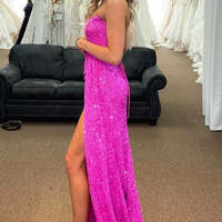 PSY857,Hot Pink Strapless Corset Back Long Evening Prom Dress - Thumbnail 1