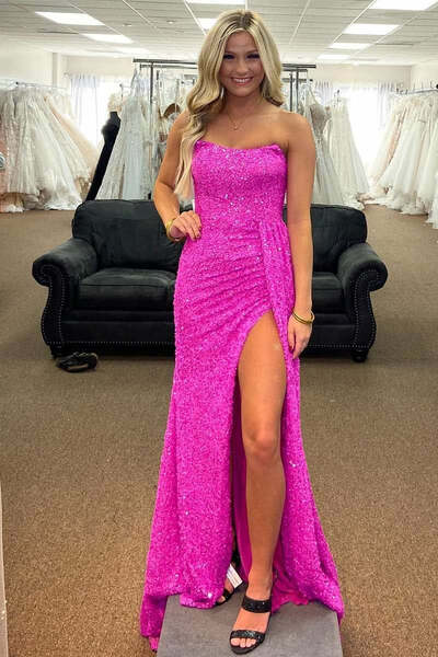 PSY857,Hot Pink Strapless Corset Back Long Evening Prom Dress