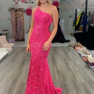 Psy856,one shoulder mermaid hot pink evening prom dress