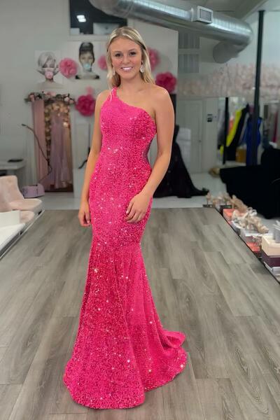 PSY856,One Shoulder Mermaid Hot Pink Evening Prom Dress