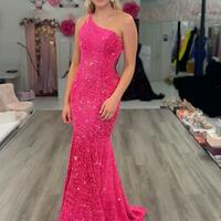 PSY856,One Shoulder Mermaid Hot Pink Evening Prom Dress - Thumbnail 1
