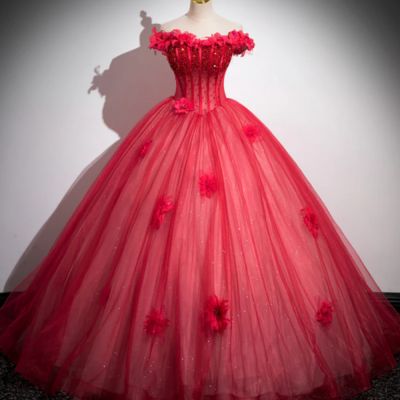 Dark red beading prom dress with corset, off the shoulder short sleeve floor length party dress kpp1570 - Thumbnail 1