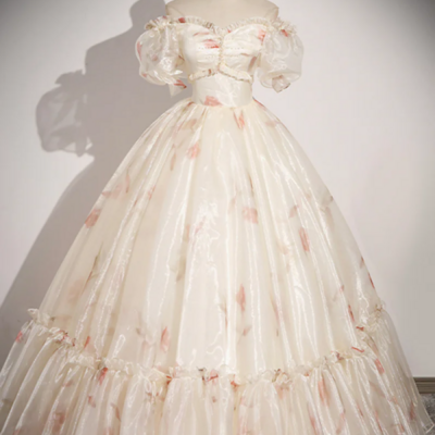 Beautiful floral tulle long prom dress, champagne short sleeve evening dress kpp1571