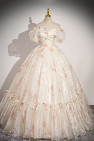 Beautiful Floral Tulle Long Prom Dress, Champagne Short Sleeve Evening Dress KPP1571