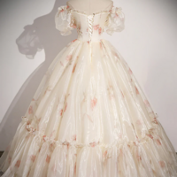 Beautiful Floral Tulle Long Prom Dress, Champagne Short Sleeve Evening Dress KPP1571 - Thumbnail 2