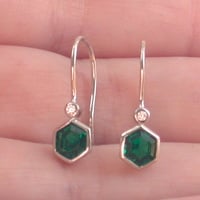 Sterling Silver Emerald Hexagon Earrings/Emerald Hook Earrings/Emerald Jewellery/Emerald Jewelry/May Birthstone/UK - Thumbnail 1