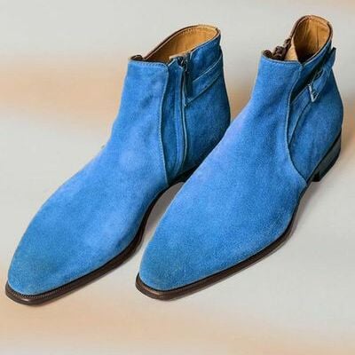 Handmade blue suede zip ankle boots - Thumbnail 3