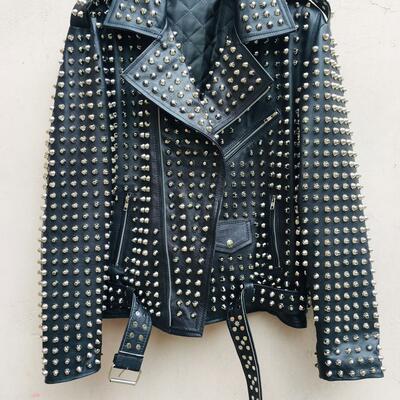 Men silver studded punk rock gothic black leather jacket  - Thumbnail 2