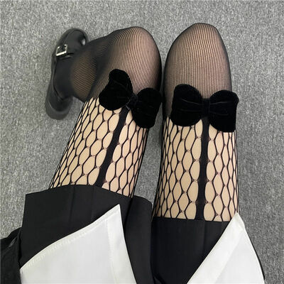 Black Bowknot Fishnet Pantyhose Stockings Tights