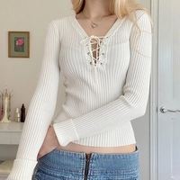 White Knit V Neck Long Sleeve Shirt  - Thumbnail 1