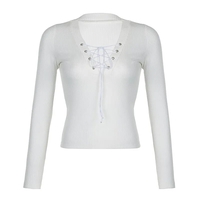 White Knit V Neck Long Sleeve Shirt  - Thumbnail 3