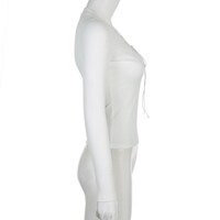 White Knit V Neck Long Sleeve Shirt  - Thumbnail 4