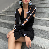 2PCS Black Knit V Neck Halter Dress + Long Sleeve Shawl - Thumbnail 6