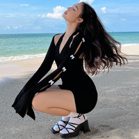 2PCS Black Knit V Neck Halter Dress + Long Sleeve Shawl - Thumbnail 1