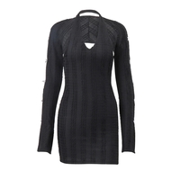 2PCS Black Knit V Neck Halter Dress + Long Sleeve Shawl - Thumbnail 8