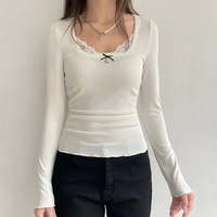 White Lace Bow Long Sleeve Crop Top - Thumbnail 2