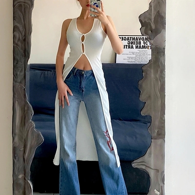 White Hollow Out V Neck Long Tank Top