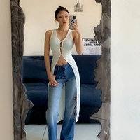 White Hollow Out V Neck Long Tank Top - Thumbnail 1