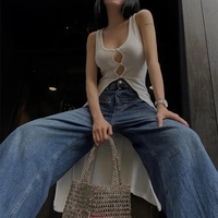 White Hollow Out V Neck Long Tank Top - Thumbnail 3