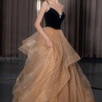 Shiny spaghetti straps v neck prom dress, a line evening dress with layers kpp1573