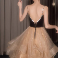 Shiny Spaghetti Straps V Neck Prom Dress, A Line Evening Dress With Layers KPP1573 - Thumbnail 1