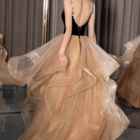 Shiny Spaghetti Straps V Neck Prom Dress, A Line Evening Dress With Layers KPP1573 - Thumbnail 3