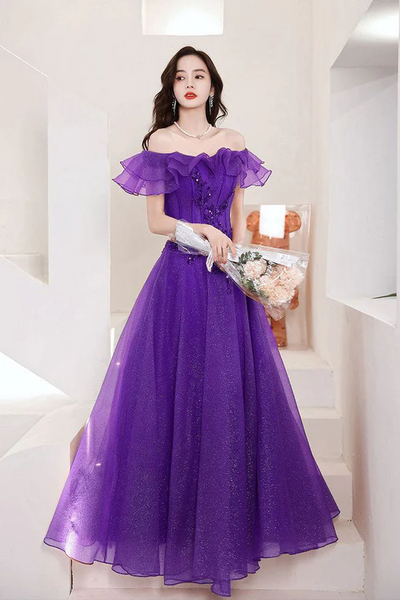 Off The Shoulder Purple Tulle Prom Dress, A Line Evening Dress With Applique KPP1574