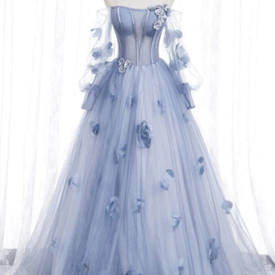 Off the shoulder blue tulle prom dress with flowers, princess quinceanera kpp1575