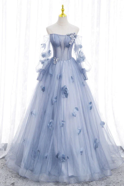 Off The Shoulder Blue Tulle Prom Dress With Flowers, Princess Quinceanera KPP1575