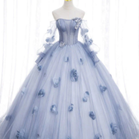 Off The Shoulder Blue Tulle Prom Dress With Flowers, Princess Quinceanera KPP1575 - Thumbnail 2