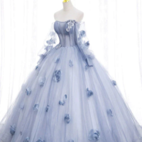 Off The Shoulder Blue Tulle Prom Dress With Flowers, Princess Quinceanera KPP1575 - Thumbnail 3