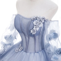 Off The Shoulder Blue Tulle Prom Dress With Flowers, Princess Quinceanera KPP1575 - Thumbnail 4