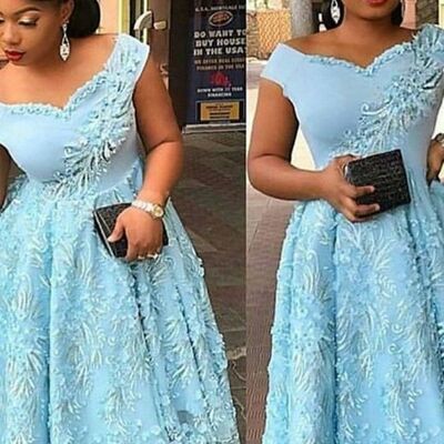 Blue lace appliques african prom dress evening dress - Thumbnail 3