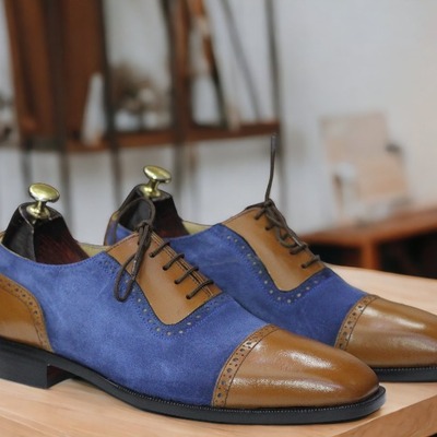 Handmade blue & brown denim leather , cap toe lace up dress shoes