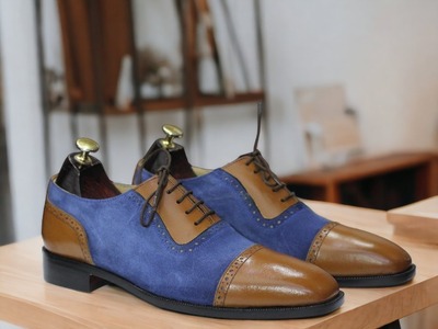 Handmade Blue & Brown Denim Leather , Cap Toe Lace Up Dress Shoes