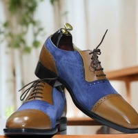 Handmade Blue & Brown Denim Leather , Cap Toe Lace Up Dress Shoes - Thumbnail 1