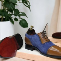 Handmade Blue & Brown Denim Leather , Cap Toe Lace Up Dress Shoes - Thumbnail 2