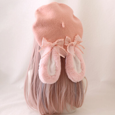 Pink rabbit ear bow beret