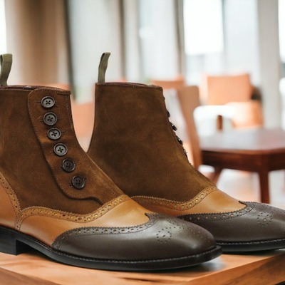 Handmade 3 tone ankle high suede leather boot, wing tip button boot - Thumbnail 2