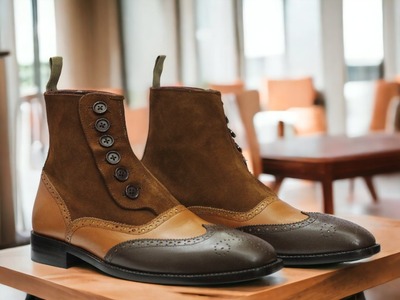 Handmade 3 Tone Ankle High Suede Leather Boot, Wing Tip Button Boot