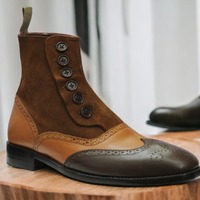 Handmade 3 Tone Ankle High Suede Leather Boot, Wing Tip Button Boot - Thumbnail 2