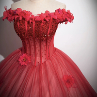 Dark Red Beading Prom Dress with Corset, Off the Shoulder Short Sleeve Floor-Length Party Dress - Thumbnail 3