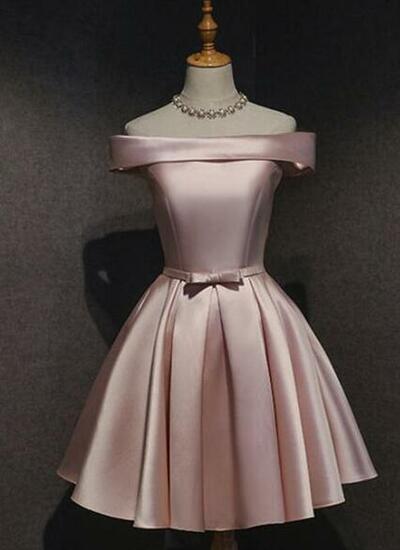 Off Shoulder Pink Short Stain Homecoming Dresses