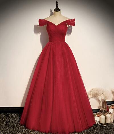 Simple A Line Red Tulle Long Prom Dresses