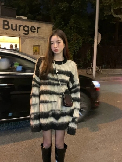 Black Stripe Knit Oversized Sweater 